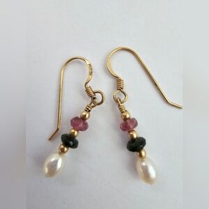 Artisan 14K Gold Filled Dangle Earrings - Tourmaline & Freshwater Pearl Drops